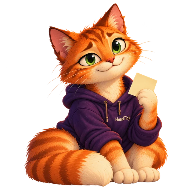 Tidy, an orange tabby in a purple HeadTidy hoodie, holding one small note.
